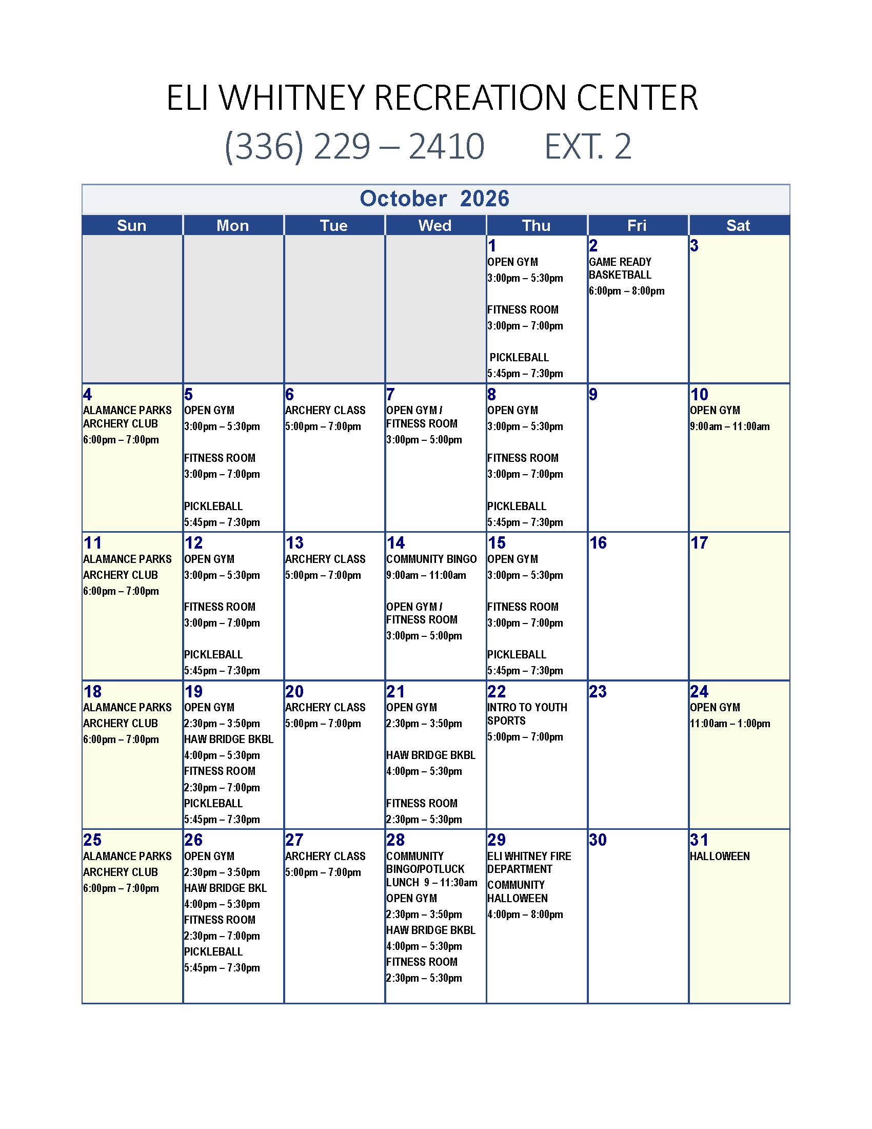 Calendar of Community Center Events